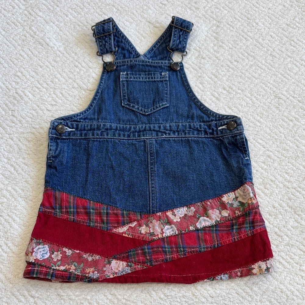 Vintage Girls' Denim Patchwork Dress Floral Blue & Red Sz 18M 100%Cotton
